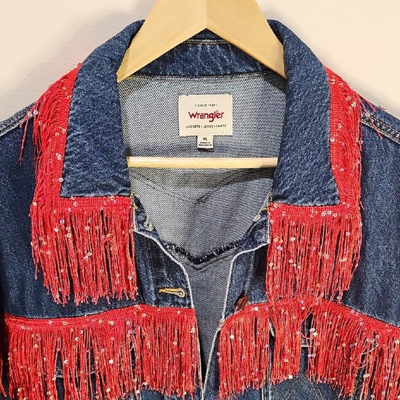Wrangler Women's Blue Denim Jacket with Red Fringe (Customized) Arizona Wildcats - Picture 2 of 10